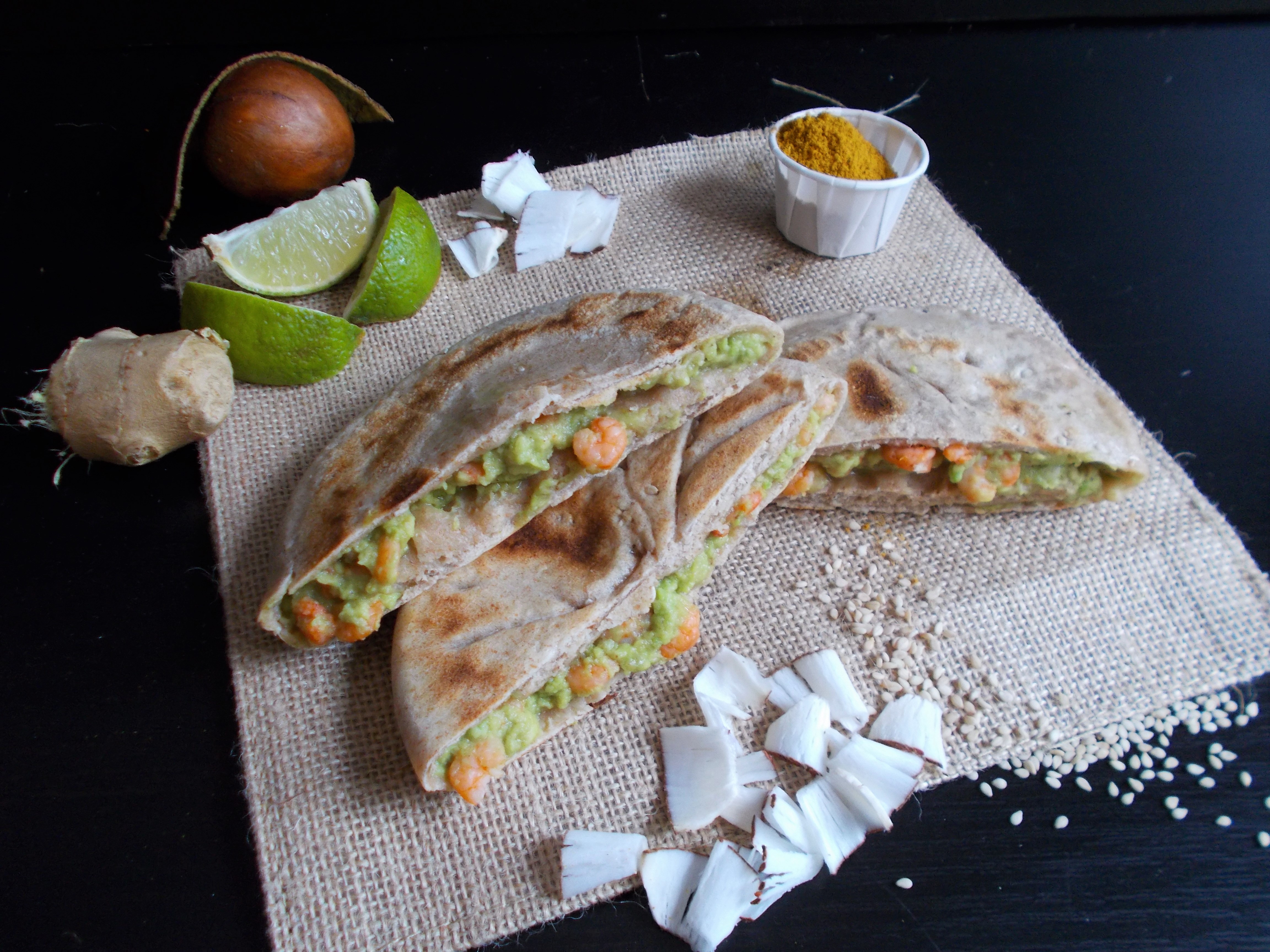 Pancake Sher Ping aux crevettes thaï (curry-coco-avocat)