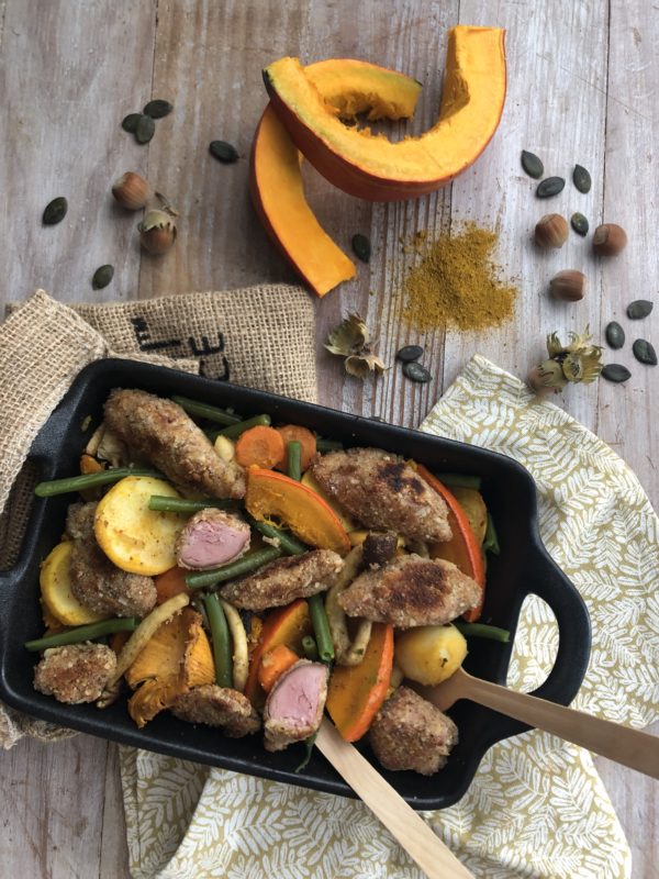 Poêlée aux légumes d'automne et jambonneau panée, curry et noisette Poêlée aux légumes d'automne et jambonneau panée, curry et noisette